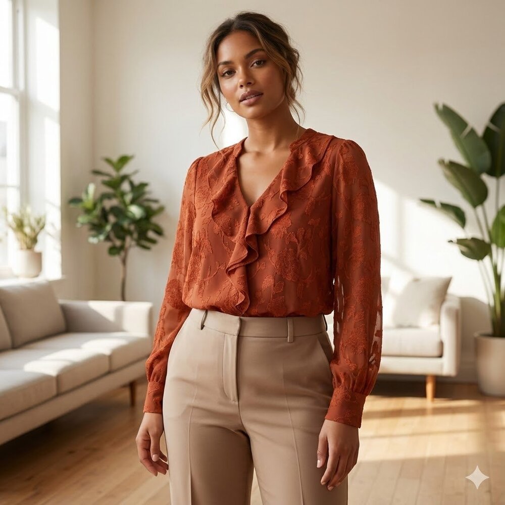 NWT Haver & Blair sz medium  burnt orange ruffle front long sleeve button blouse